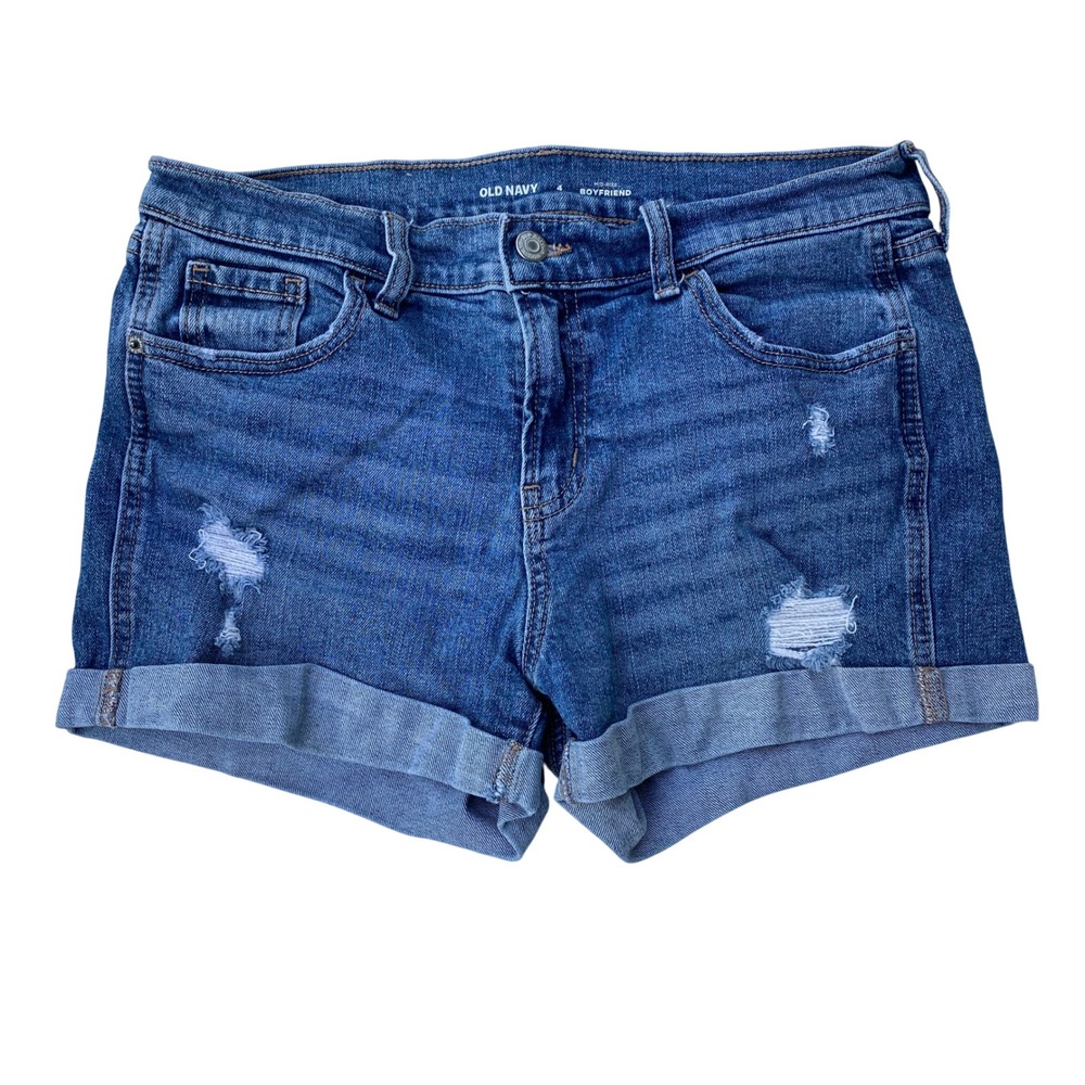 Old Navy‎ Denim Mid-Rise Boyfriend Shorts Stretch Distressed Blue Cuffed Size 4